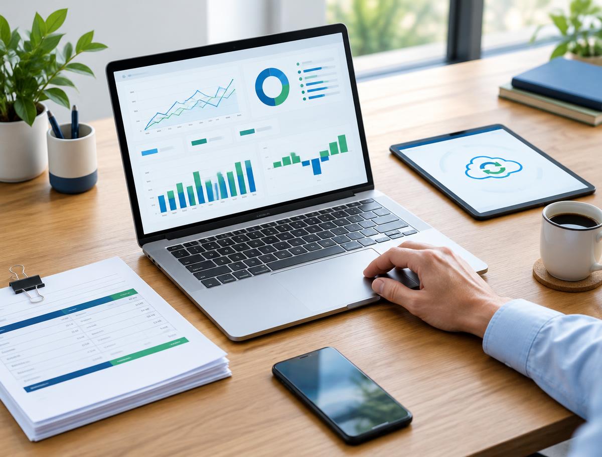 Laptop showing a live financial dashboard on a tidy desk beside cloud-sync and printed reports